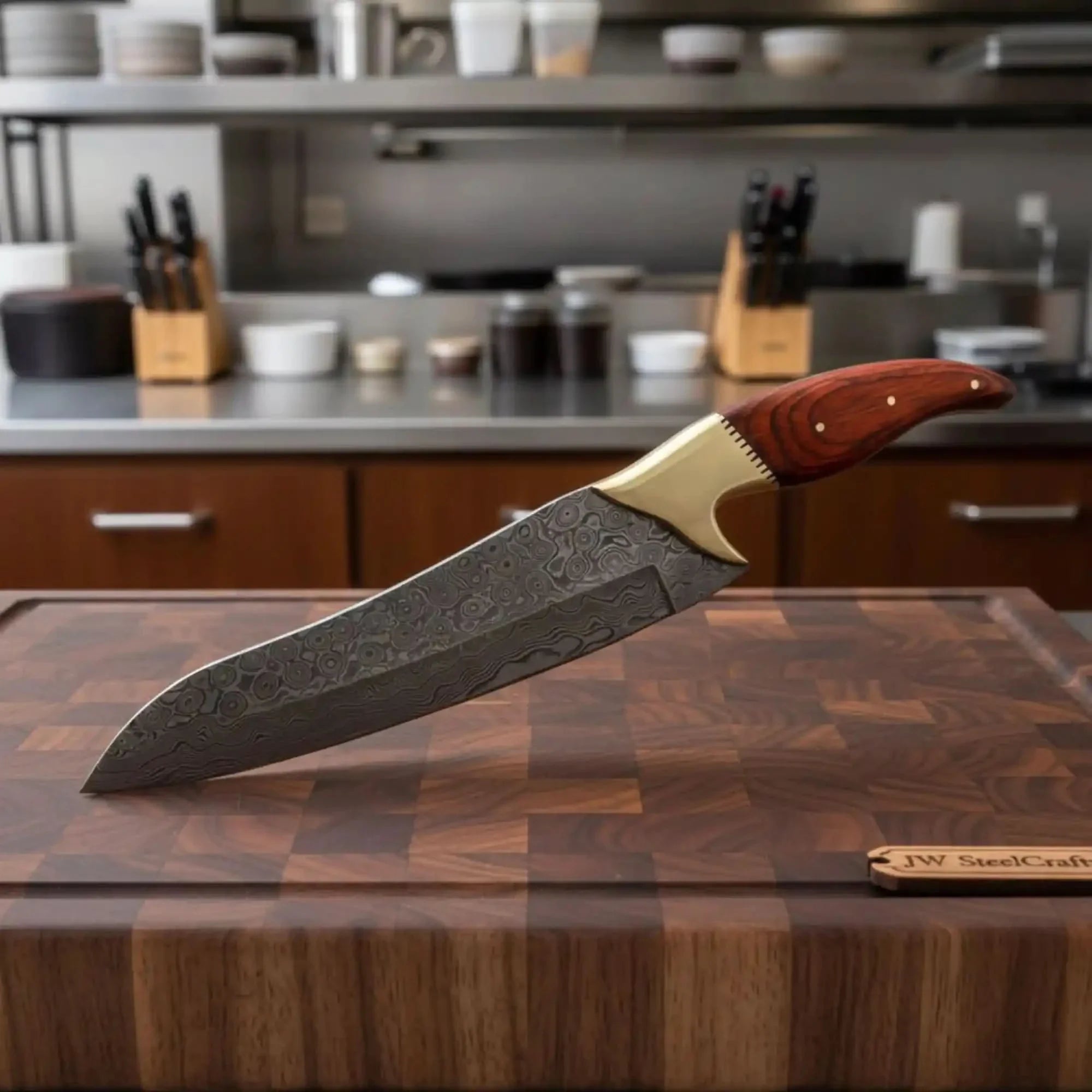 13" Overall Damascus Gyuto Chef Knife – Red Pakka Wood Handle and Brass Bolster by JW SteelCrafts, Damascus knife main product photo