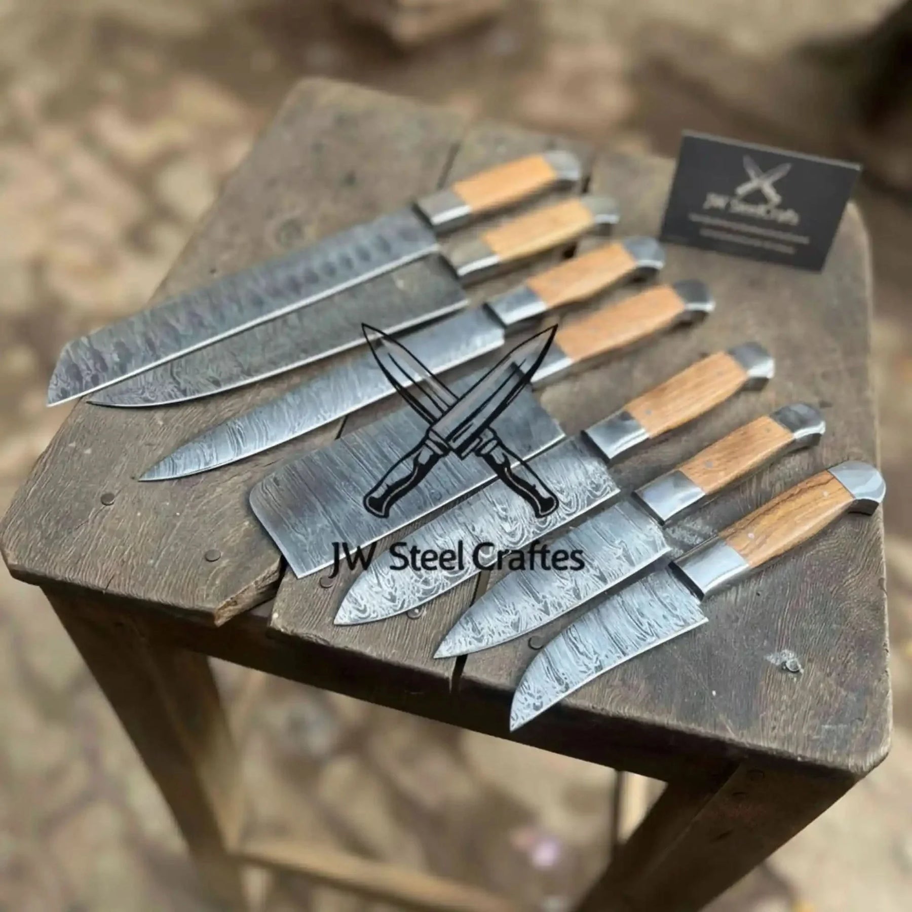 7-Piece Handmade Damascus Chef Knife Set with Wood Handles (Professional Kitchen Set)