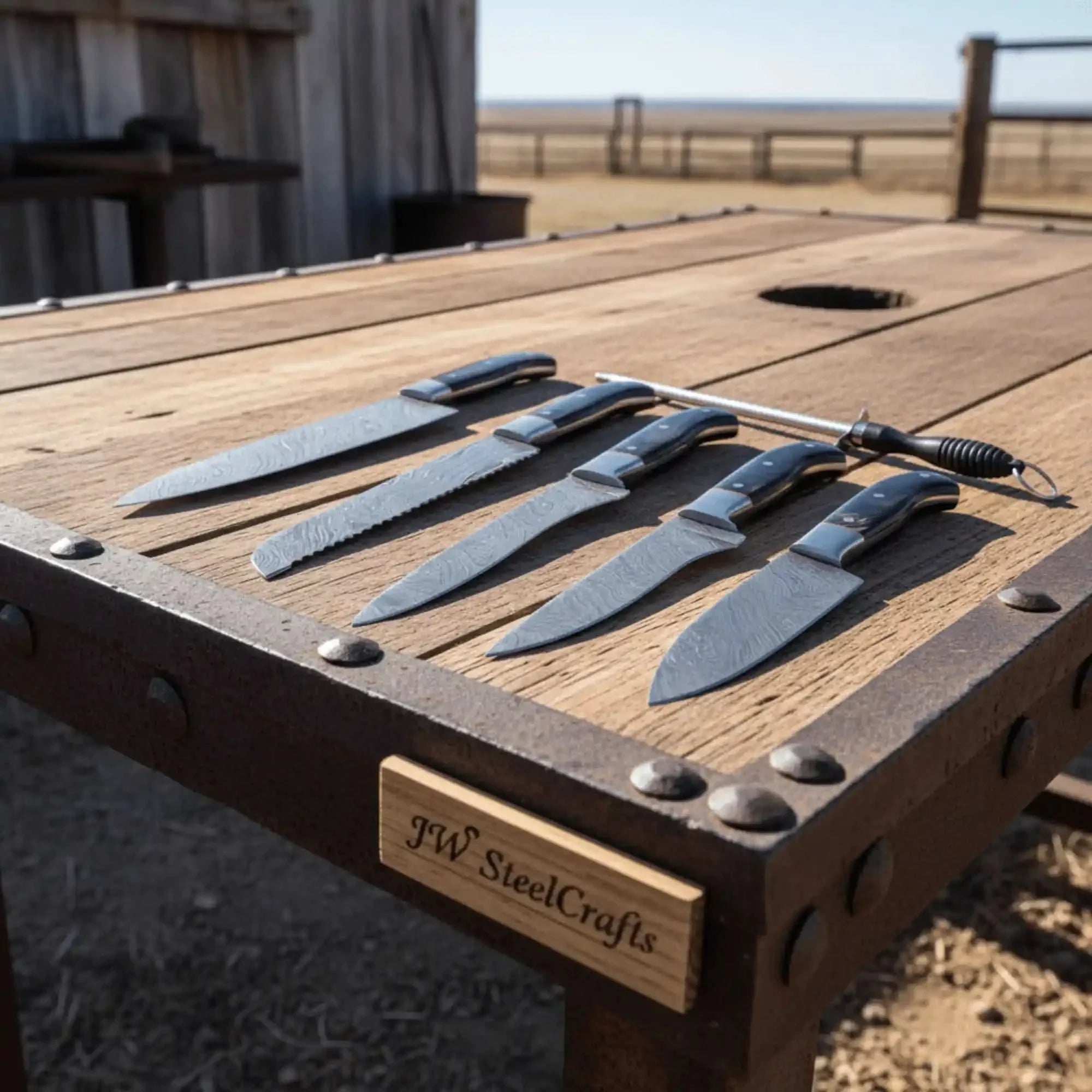 5-Piece Damascus Knife Set with Honing Rod and Black Handles detail view by JW SteelCrafts