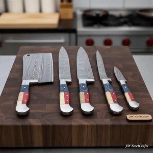 Texas Flag Handle Damascus 5-Piece Knife Set with Leather Kit
