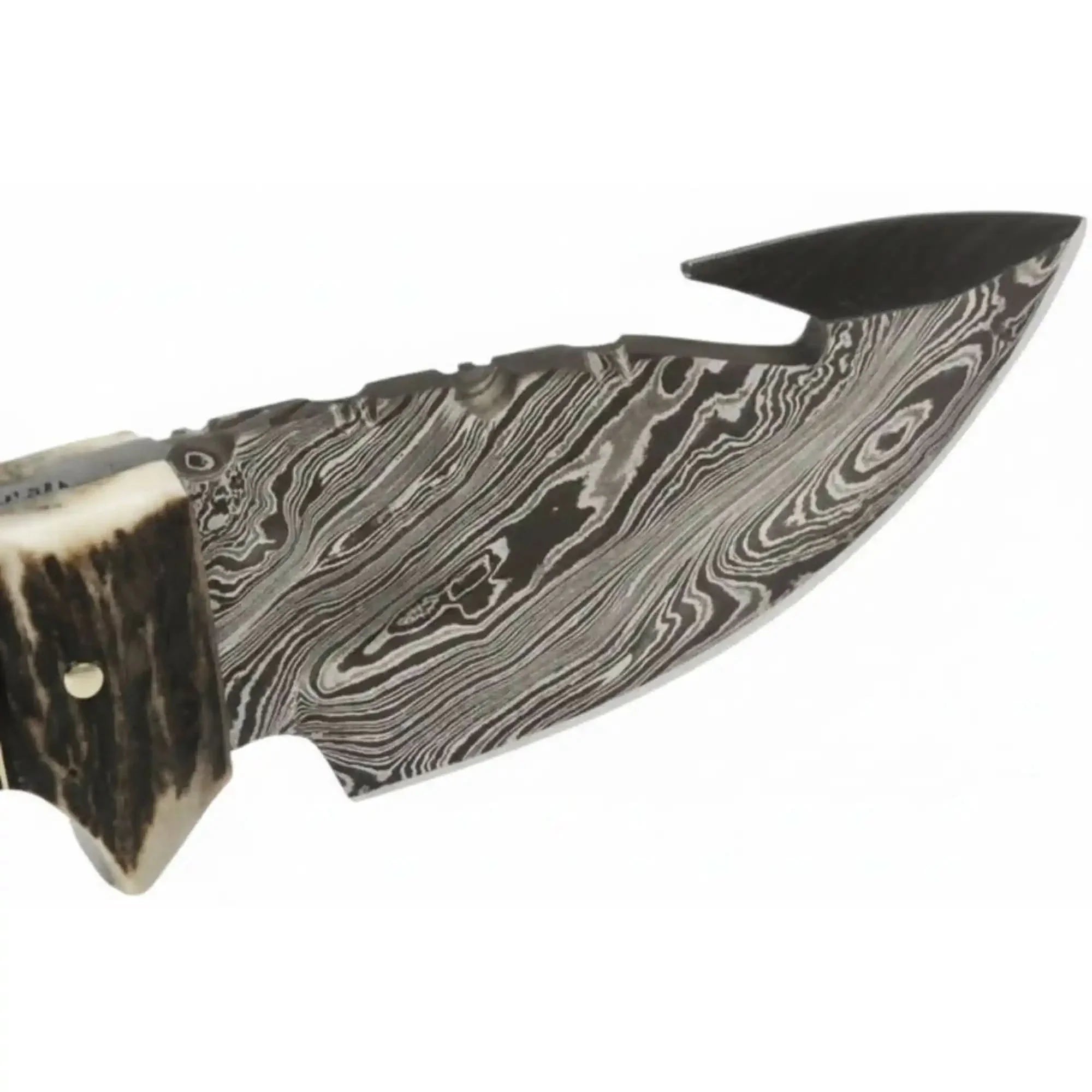 Damascus Steel Skinner Knife w/ Stag Handle and Gut Hook /Hunting Fixed Blade Knife by JW SteelCrafts, Damascus knife detail photo 2