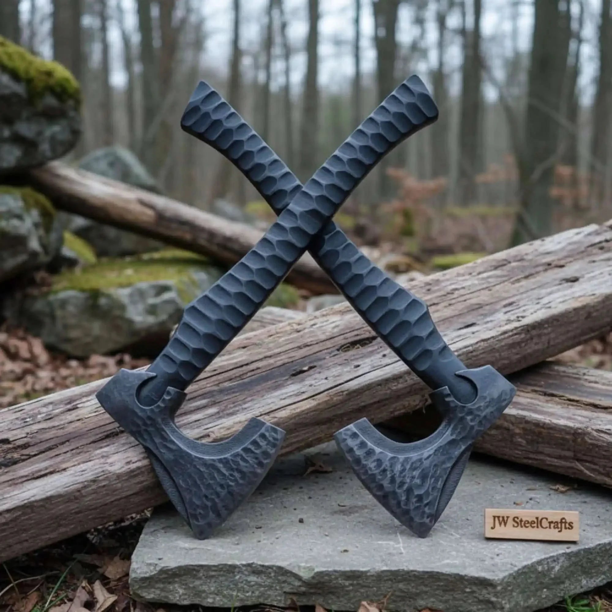 Forged Tool Axe Duo – Textured Steel Heads with Sculpted Hardwood Handles and Leather Sheaths by JW SteelCrafts, leather knife sheath main product photo