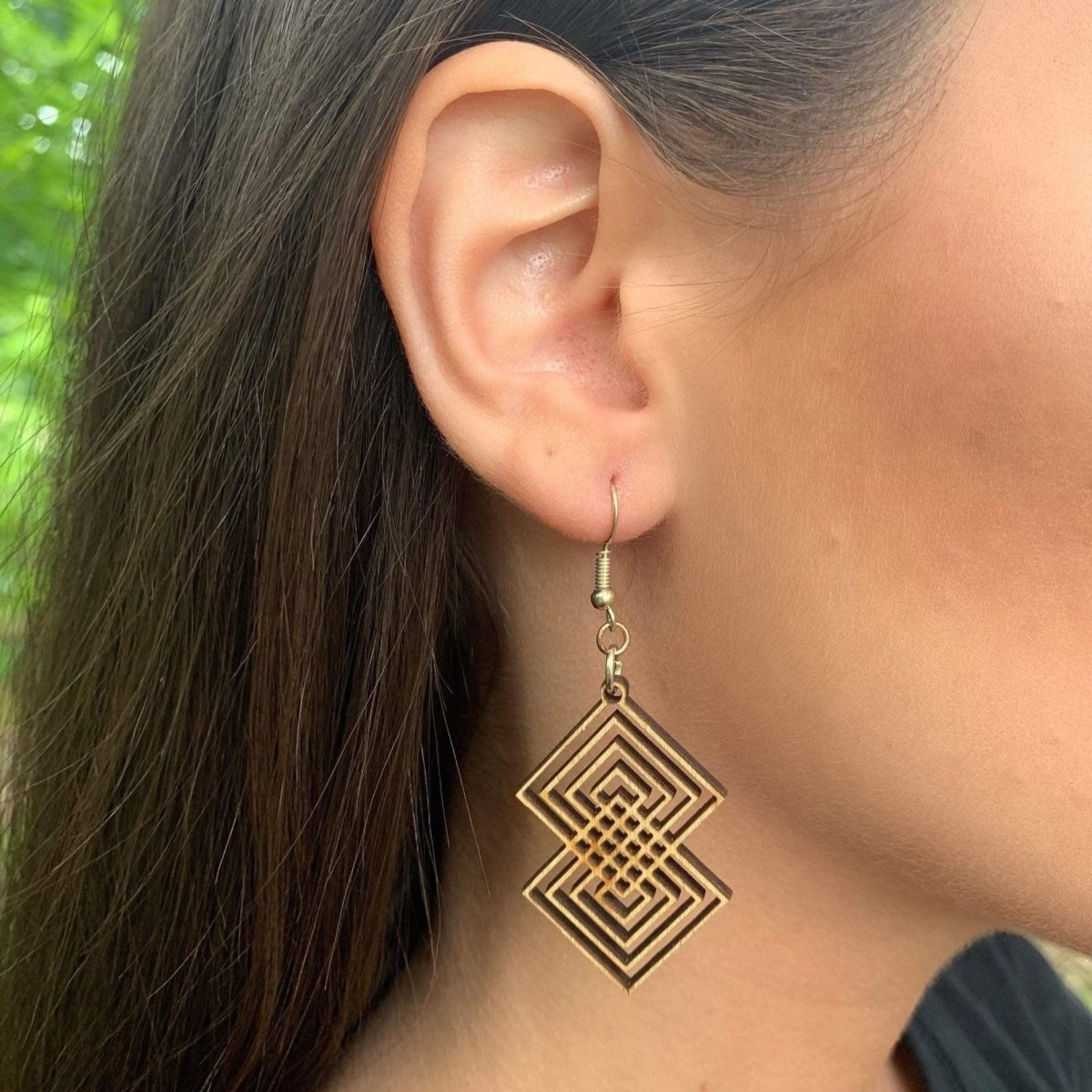 Art Deco Interlocking Diamond Wooden Dangle Earrings | Geometric Jewelry
