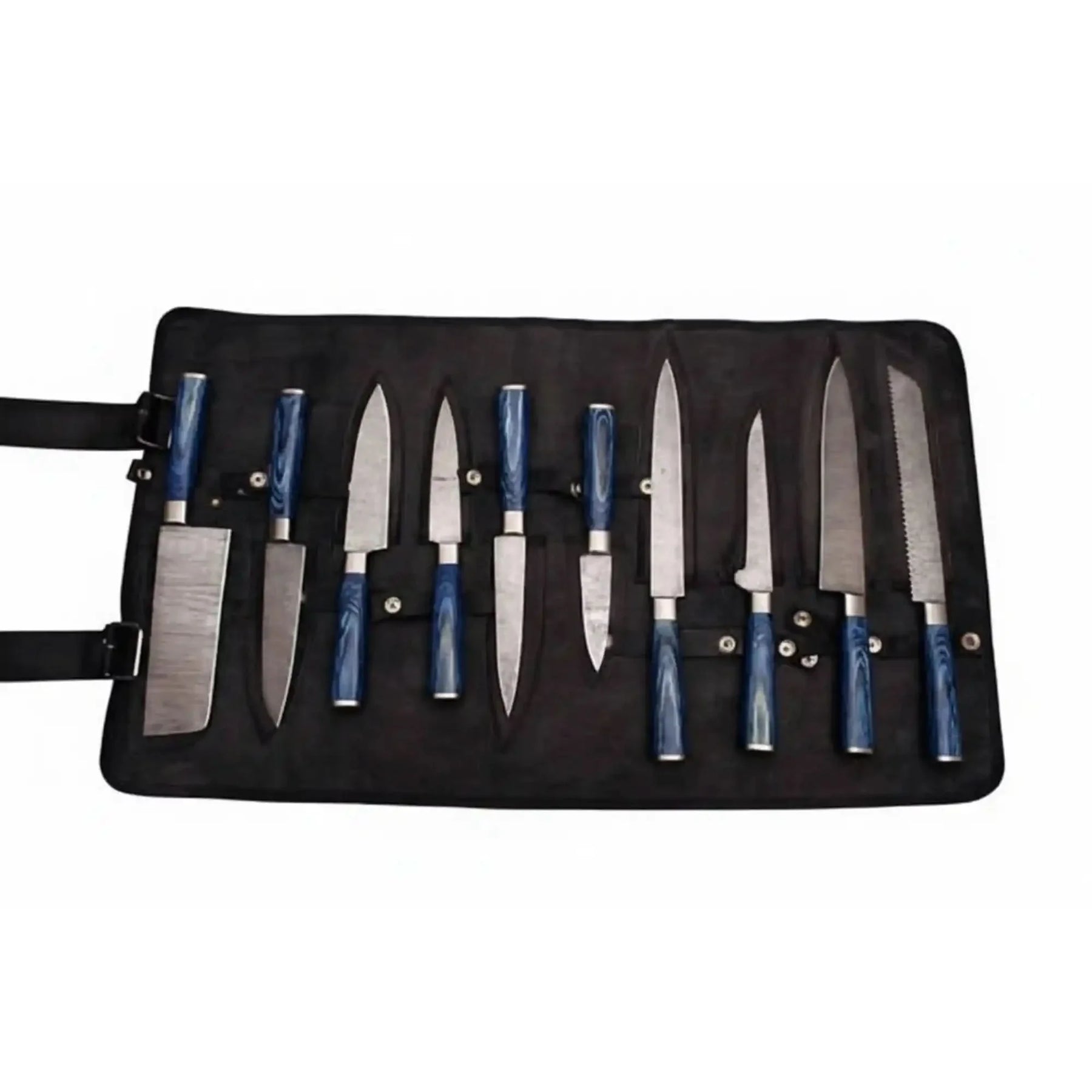 10-Piece Handmade Damascus Kitchen Knife Set – Blue Pakkawood Handles | Chef, Santoku, Cleaver, Bread, Slicing, Boning, Utility & Paring