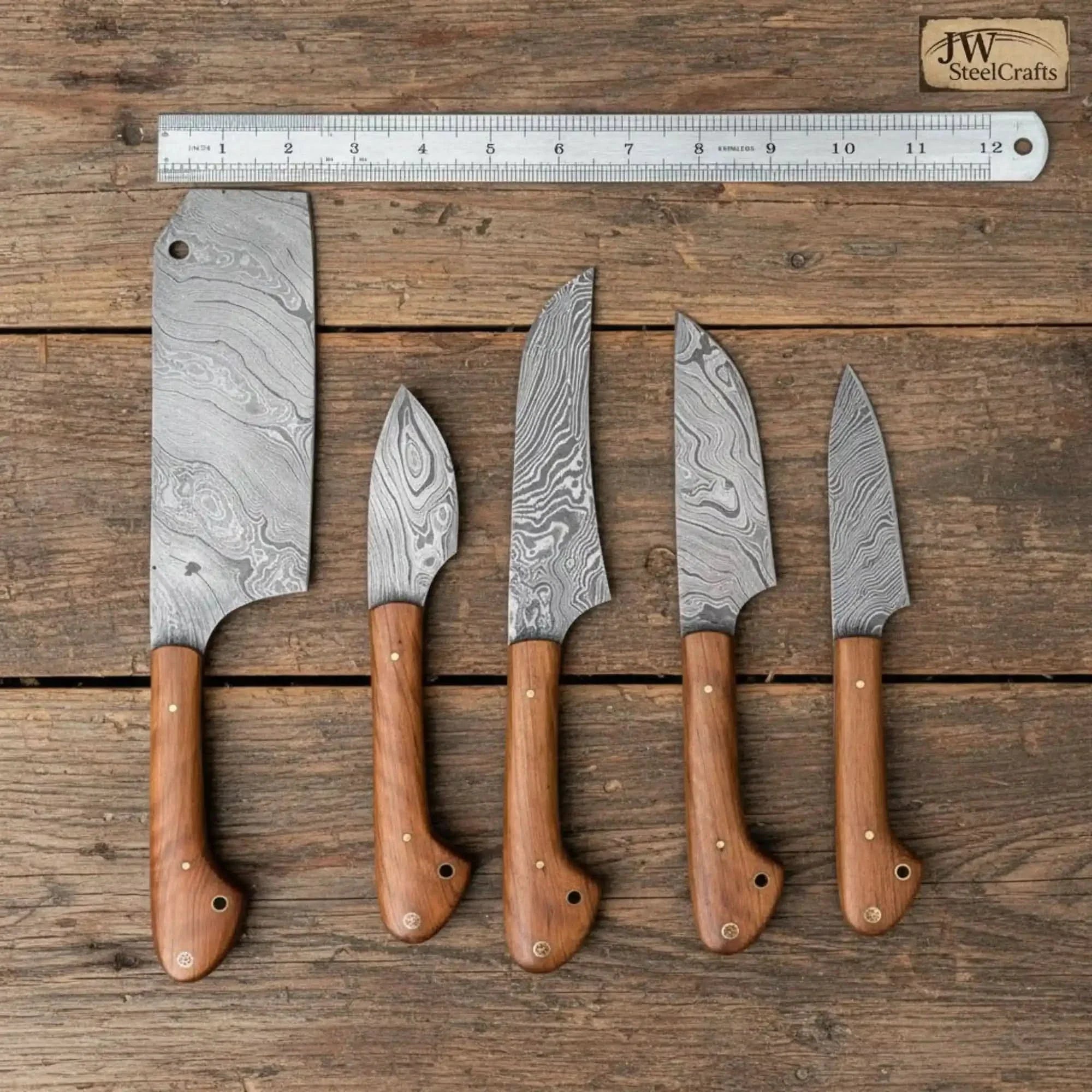 5-Piece Damascus Kitchen Knife Set — Cleaver, Chef, Utility, Boning & Paring with Olive Wood Handles & Brass Pins by JW SteelCrafts, Damascus knife main product photo