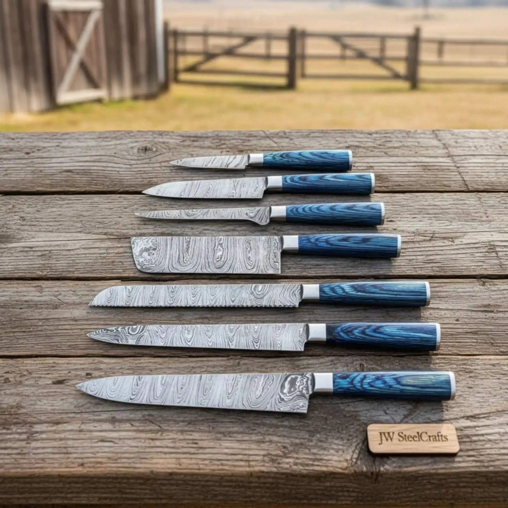 Artisan Damascus Specialty Chef Set — Sujihiki Carver, Nakiri Cleaver & Bunka/Petty Trio Collection by JW SteelCrafts, Southern handmade gift main product photo