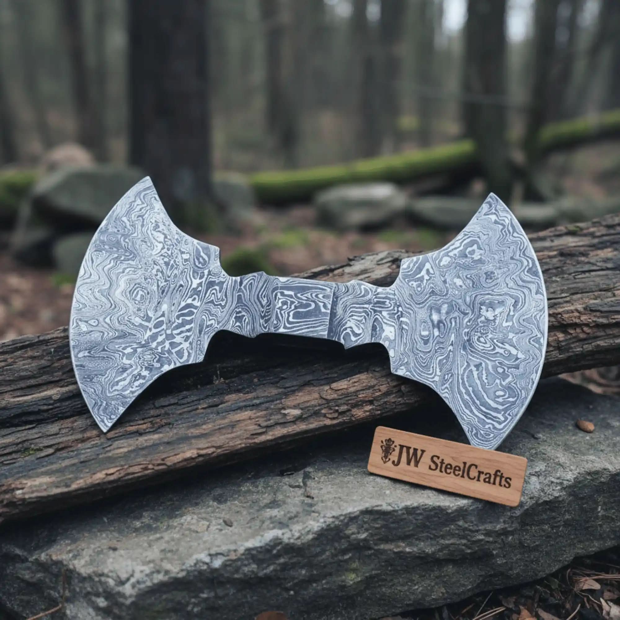 9 Inch Wide Double Bit Damascus Axe Head by JW SteelCrafts, Southern handmade gift main product photo