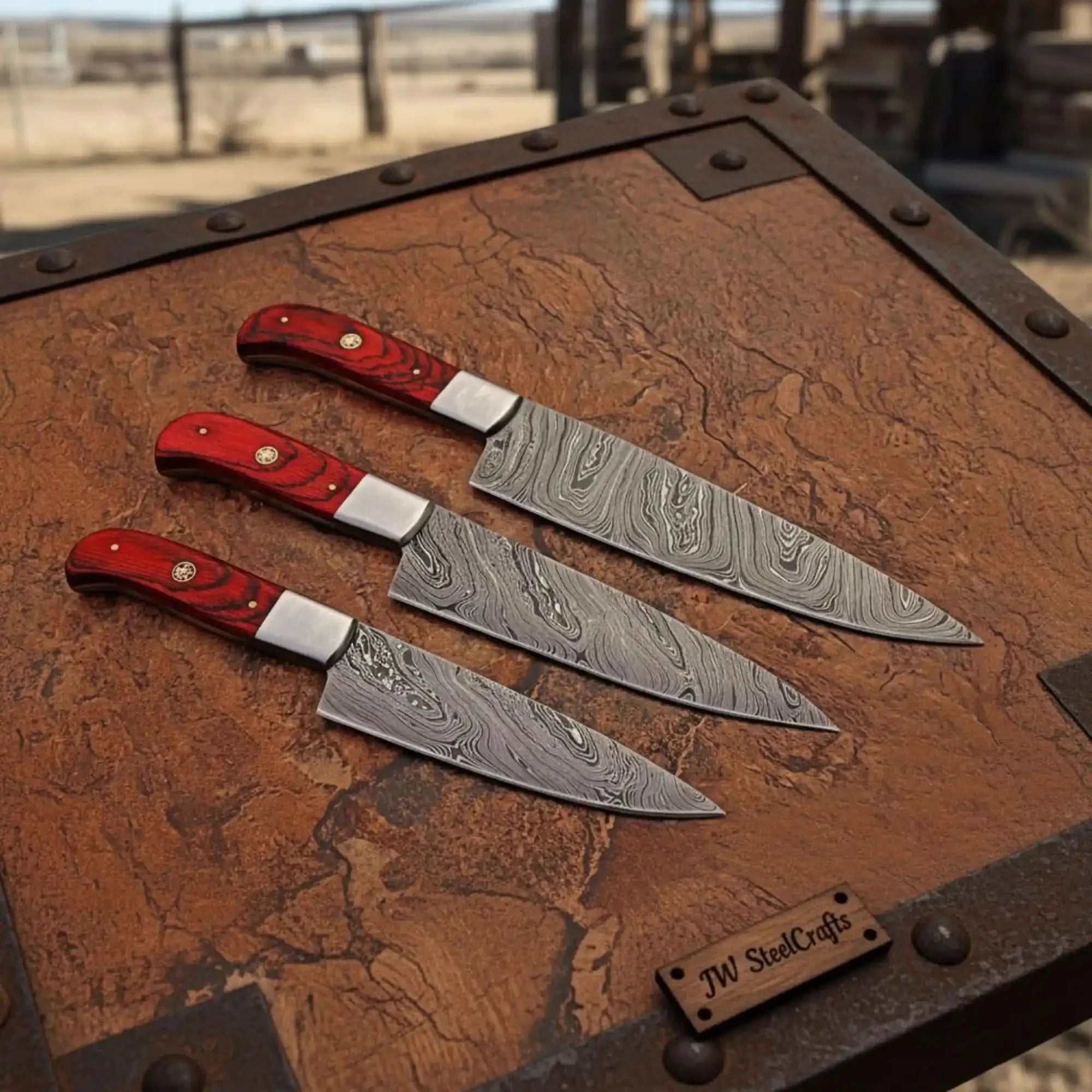 Piece Damascus Kitchen Knife Set — Kiritsuke, Chef & Utility with Red Pakka Wood Handles, Steel Bolsters & Mosaic Pins | JW Steel Crafts by JW SteelCrafts, Damascus knife main