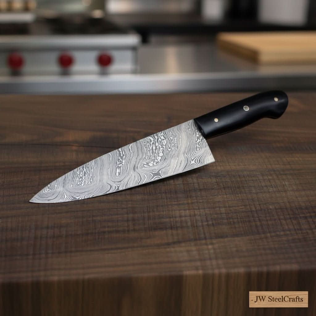 Handmade Damascus Gyuto Knife, Black Resin Handle Japanese Chef Knife, Forged Damascus Steel Kitchen Knife, Professional Gyuto, JW SteelCrafts by JW SteelCrafts, Damascus knife