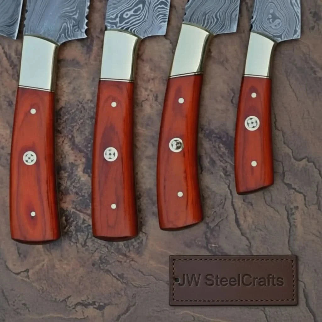 5 Piece Damascus Kitchen Knife Set with Rosewood Handles, Cleaver Bread Chef Utility and Paring Knives, Handmade Professional Cooking Set by JW SteelCrafts, Damascus knife detail
