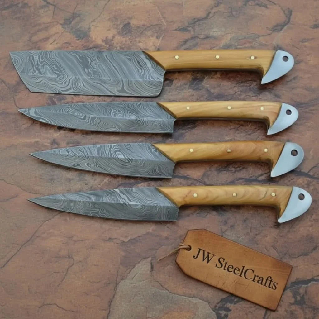 Damascus Kitchen Knife Set of 4 - Hand-Forged Full Tang Blades by JW SteelCrafts, Damascus knife main product photo