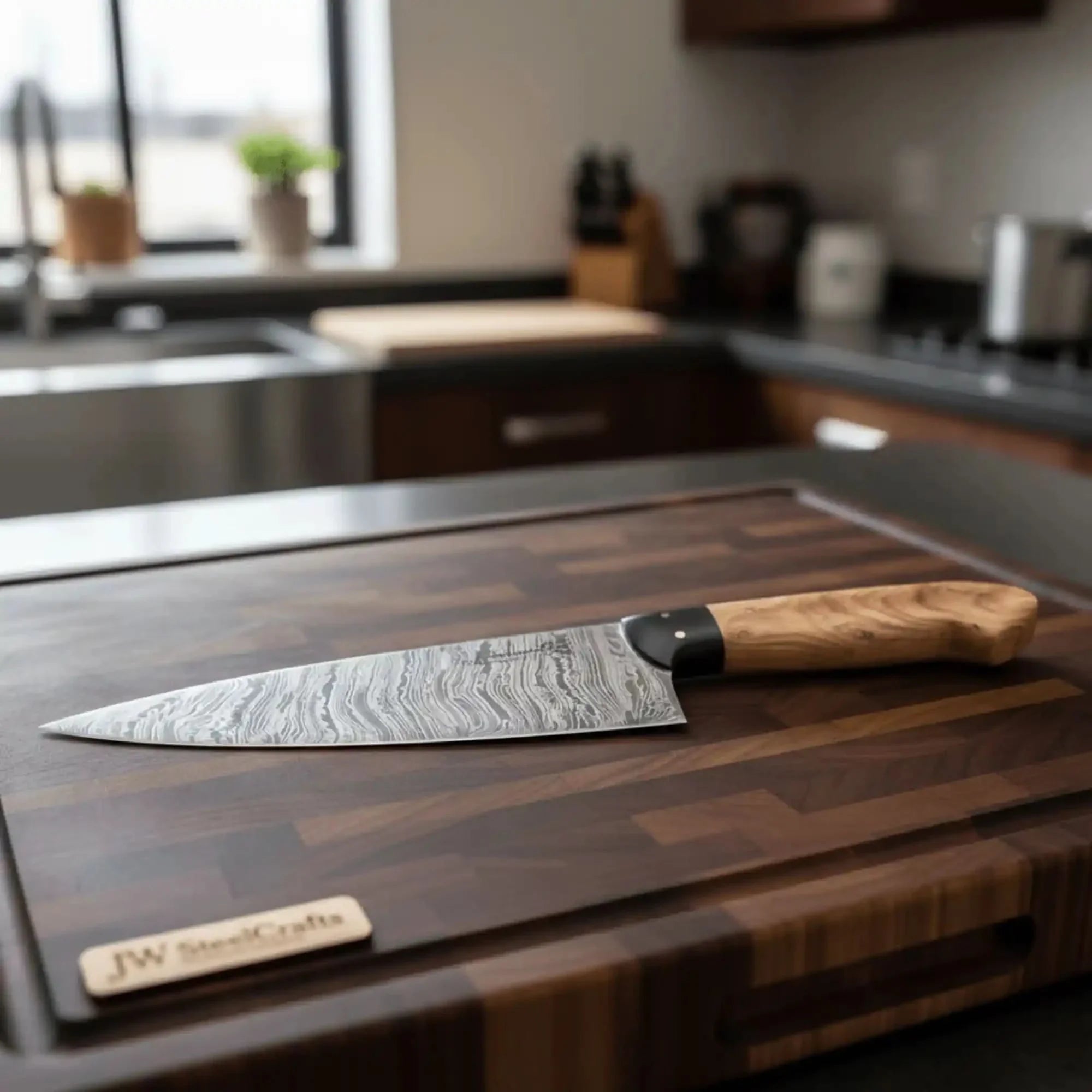 13-Inch Fire Pattern Damascus Chef Knife — Olive Wood Handle, Brass Pins & Dark Bolster | JW Steel Crafts by JW SteelCrafts, Damascus knife detail photo 2