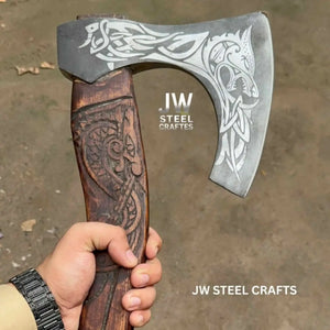 Hand-Engraved Viking Bearded Axe with Carved Hardwood Handle – Damascus Steel Blade | JW SteelCrafts