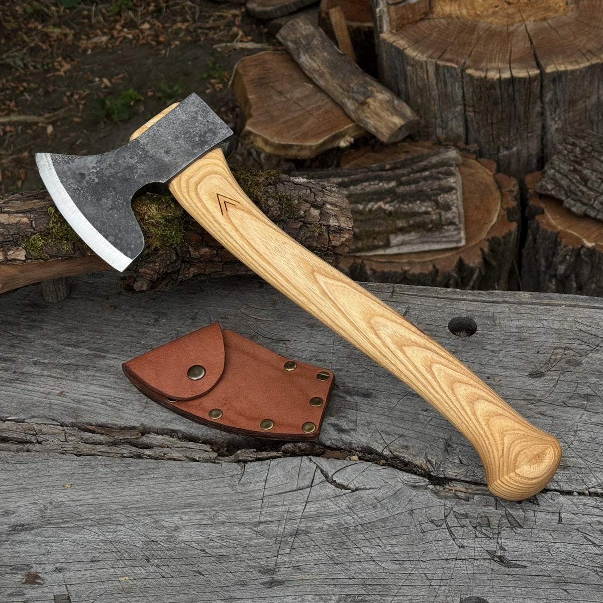 Axe with Leather Sheath by Sharky Forged Steel Tools — view 1
