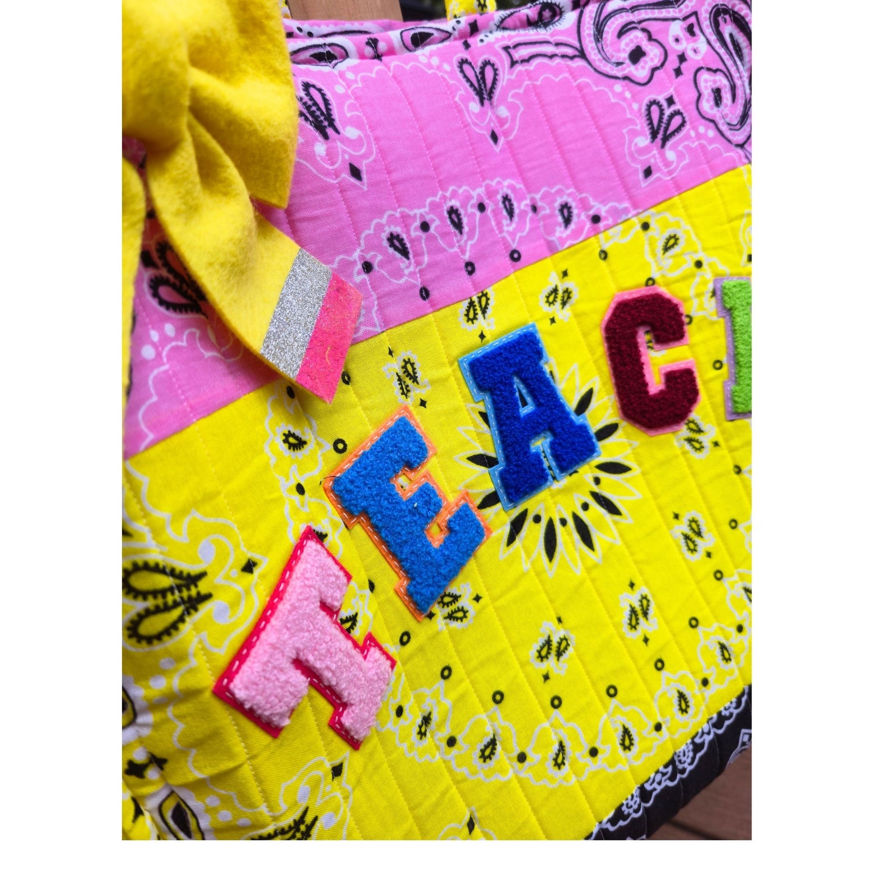 Teacher Bandana Tote Bag, Personalized Teacher Gift, Handmade School Tote, Pink Yellow Patchwork Bag, Back to School Gift