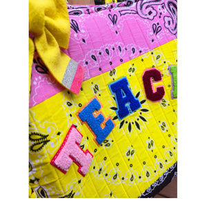 Teacher Bandana Tote Bag, Personalized Teacher Gift, Handmade School Tote, Pink Yellow Patchwork Bag, Back to School Gift
