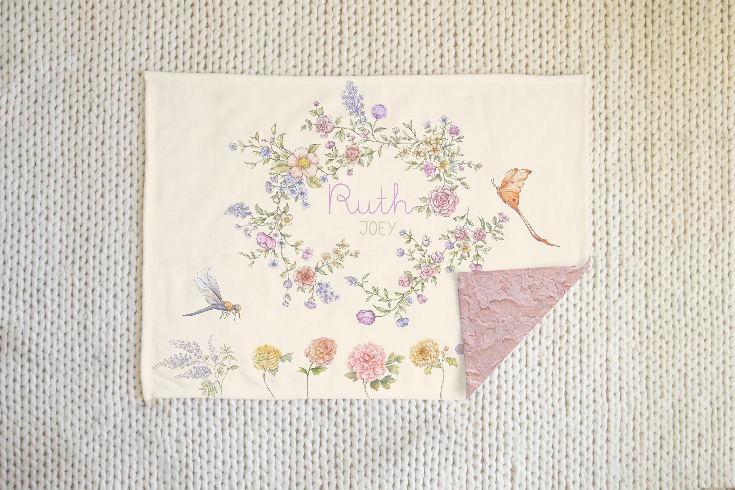 Personalized Baby Blanket - Floral Minky Baby Blanket with Pastel Print & Cozy Soft Faux Fur