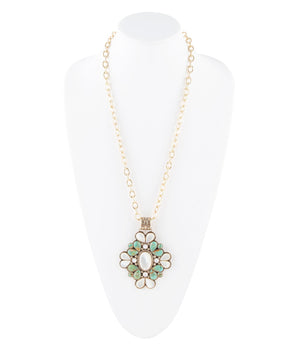 Barcelona Blue Turquoise and Mother of Pearl Golden Statement Necklace