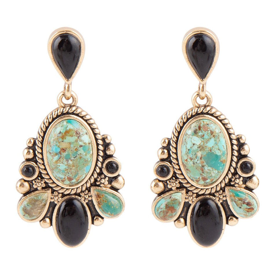 Barcelona Blue Turquoise and Black Onyx Post Drop Golden Earrings