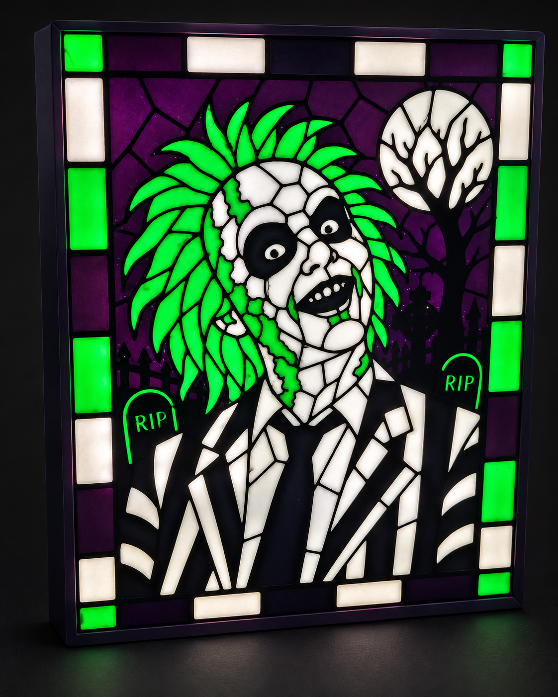 Licensed Beetlejuice lightbox illuminated in green, purple, black, and white