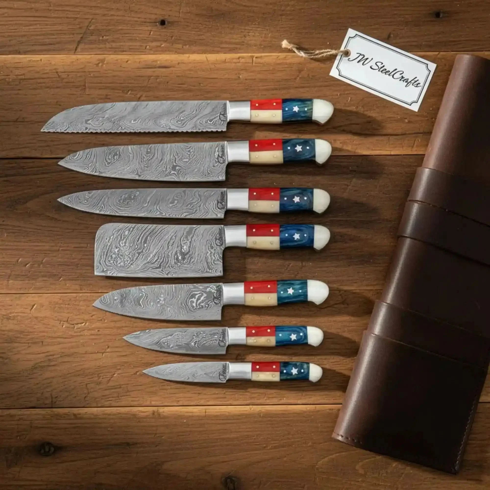 Damascus Kitchen Knife Set | Texas Flag Pakka Wood and Camel Bone Handles | JW SteelCrafts by JW SteelCrafts, Damascus knife main product photo