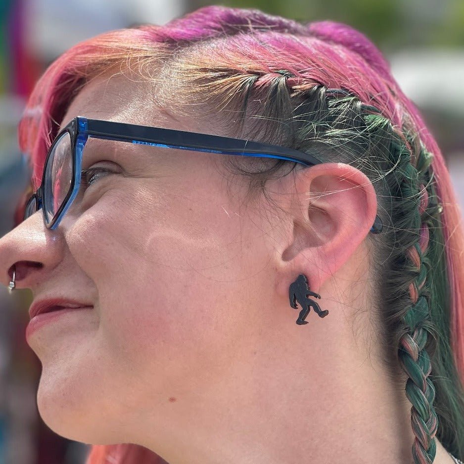 Bigfoot Wooden Dangle Earrings | Sasquatch Cryptid Jewelry detail view by Cate's Concepts, LLC