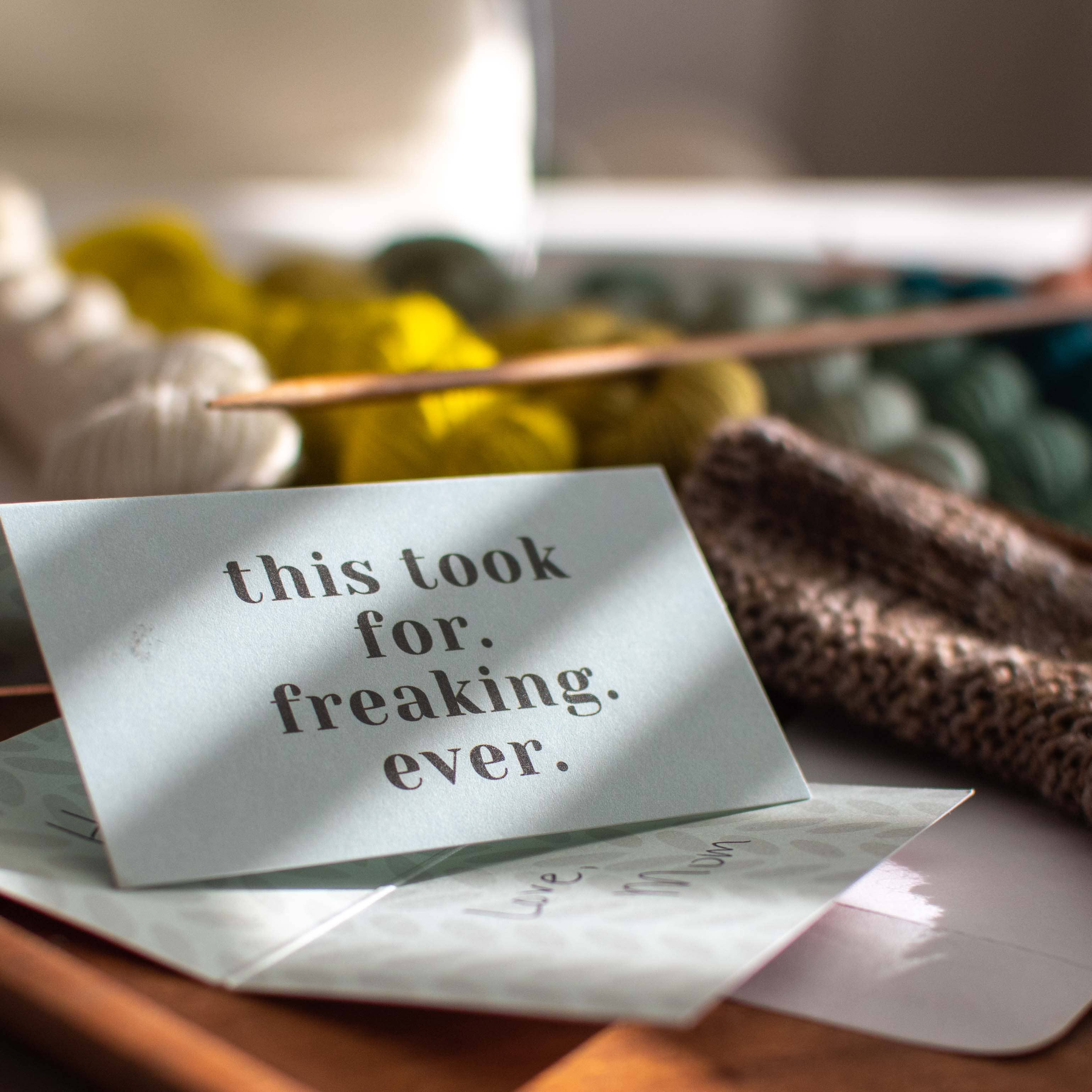 "This Took For. Freaking. Ever." Care Instruction Cards detail view 2 by Mountaintop Yarn