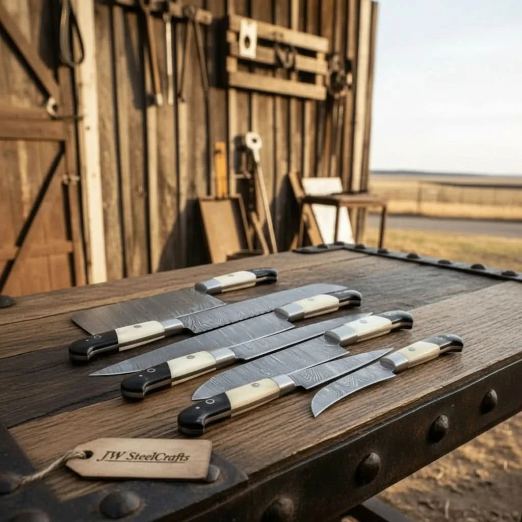 7-Piece Damascus Kitchen Knife Set — Chef, Cleaver, Bread, Santoku, Utility & Paring Knives with White Bone and Black Resin Handles by JW SteelCrafts, Damascus knife detail photo 2
