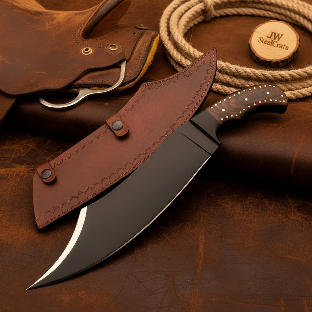 Hand-Forged High Carbon Steel Bowie Knife – 13-Inch Trailing Point by JW SteelCrafts, Damascus knife main product photo