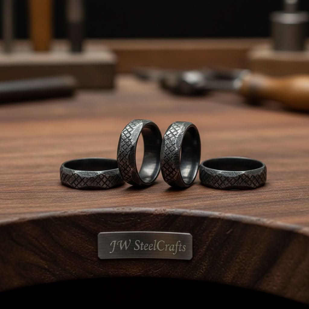 Black Damascus Steel Wedding Ring Hand Filed Texture Band by JW SteelCrafts, handmade jewelry main product photo