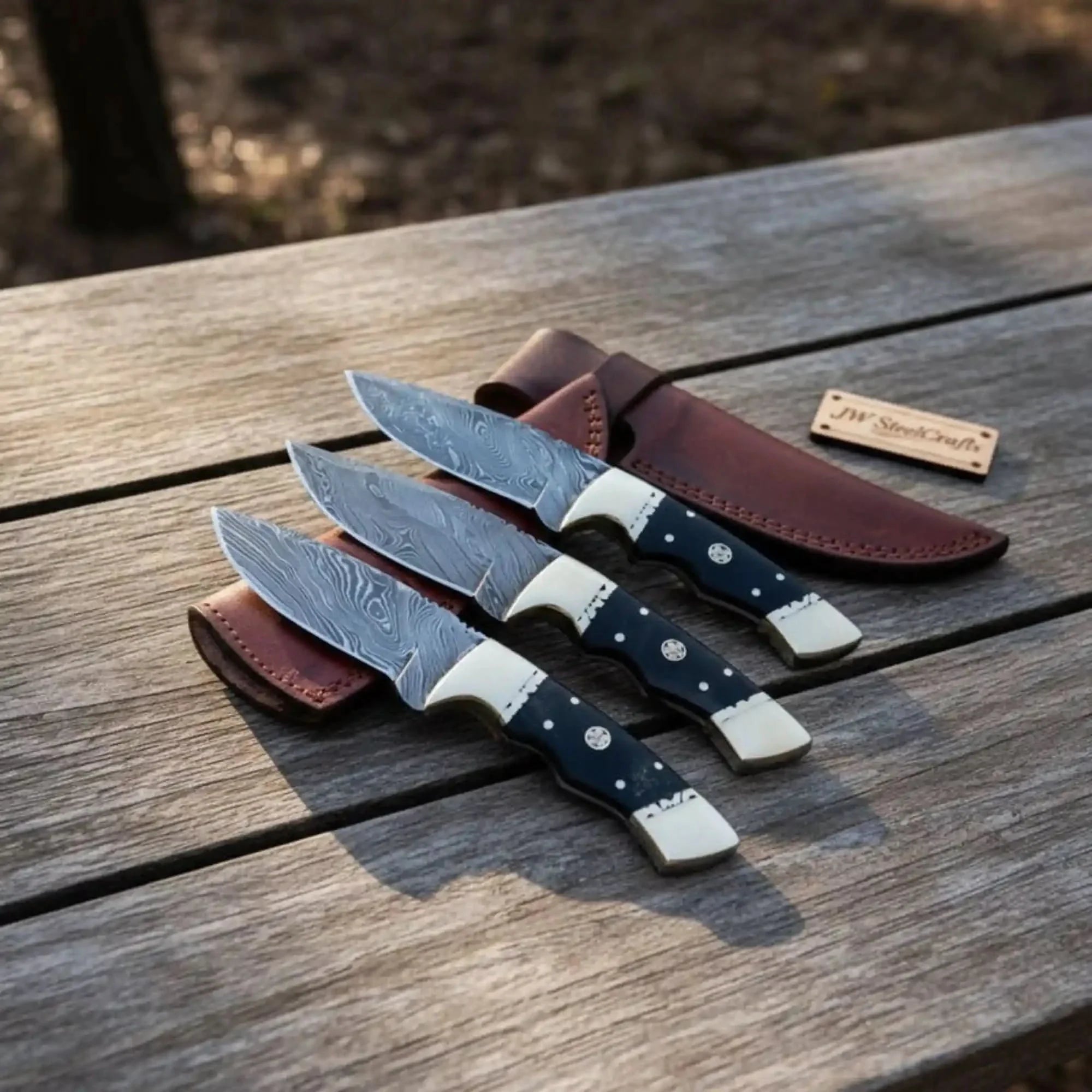 Damascus Hunting Knife Set Brass and Black Micarta Handle Fixed Blade Trio by JW SteelCrafts, Damascus knife main product photo