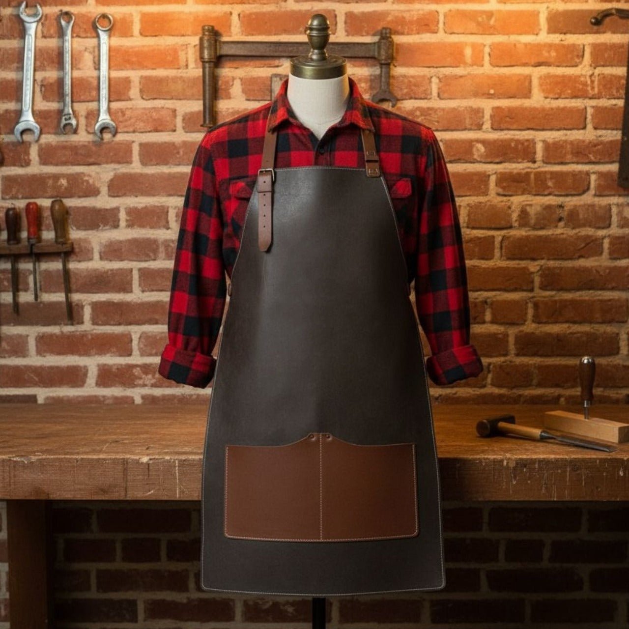 Black Leather Apron with Adjustable Straps and Pockets