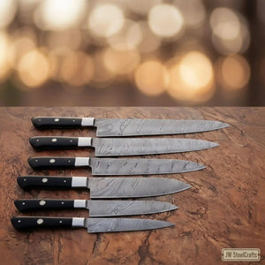 Hammer-Forged Damascus 7-Piece Carving & Slicer Knife Set — with Black Resin Handles