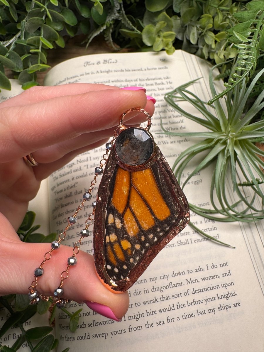 Black Rutile Quartz and Butterfly Wing Necklace with Beaded Chain