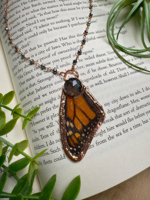 Black Rutile Quartz and Butterfly Wing Necklace with Beaded Chain
