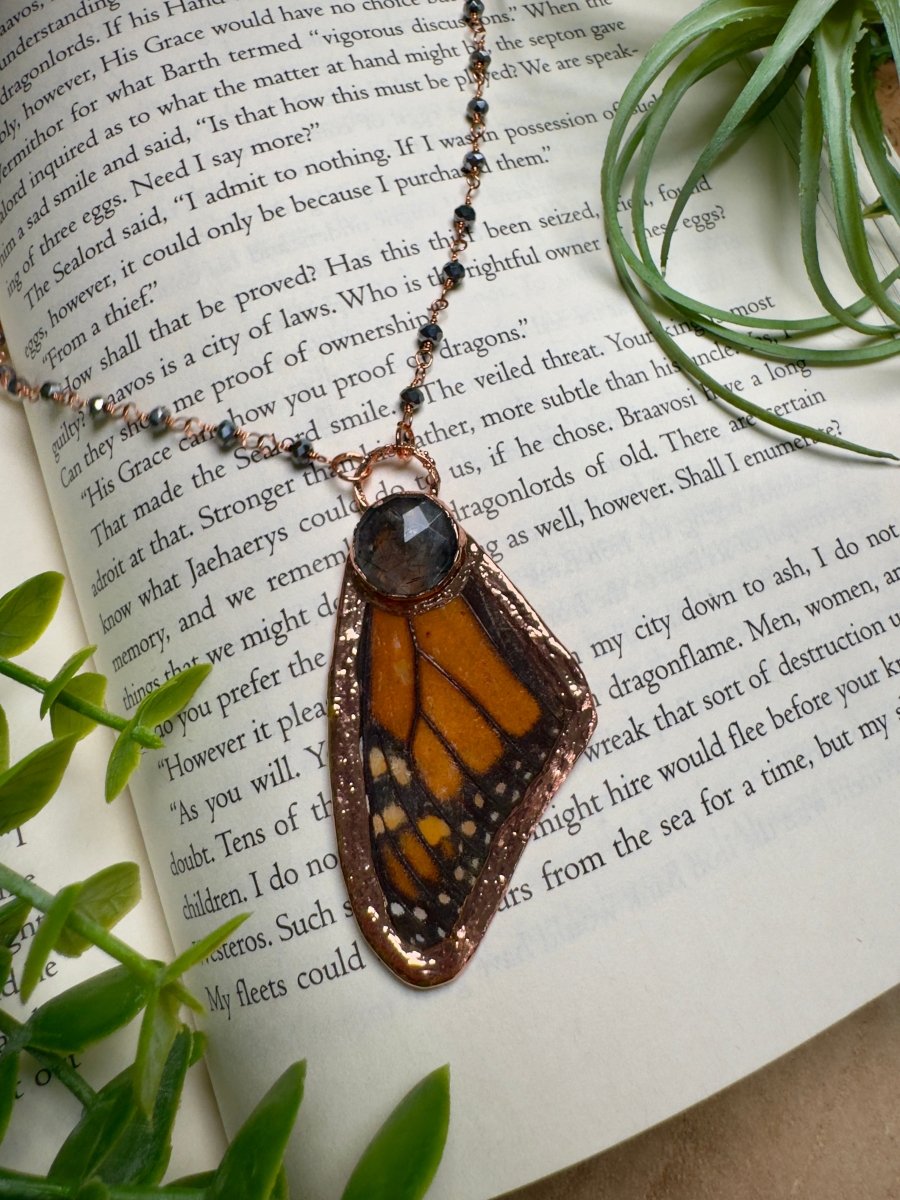 Black Rutile Quartz and Butterfly Wing Necklace with Beaded Chain