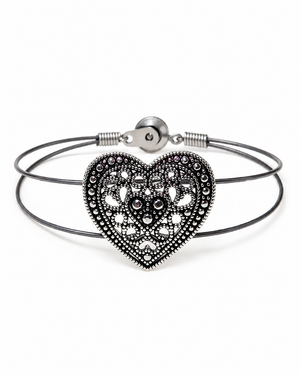 Silver bracelet with a heart-shaped clasp on a white background