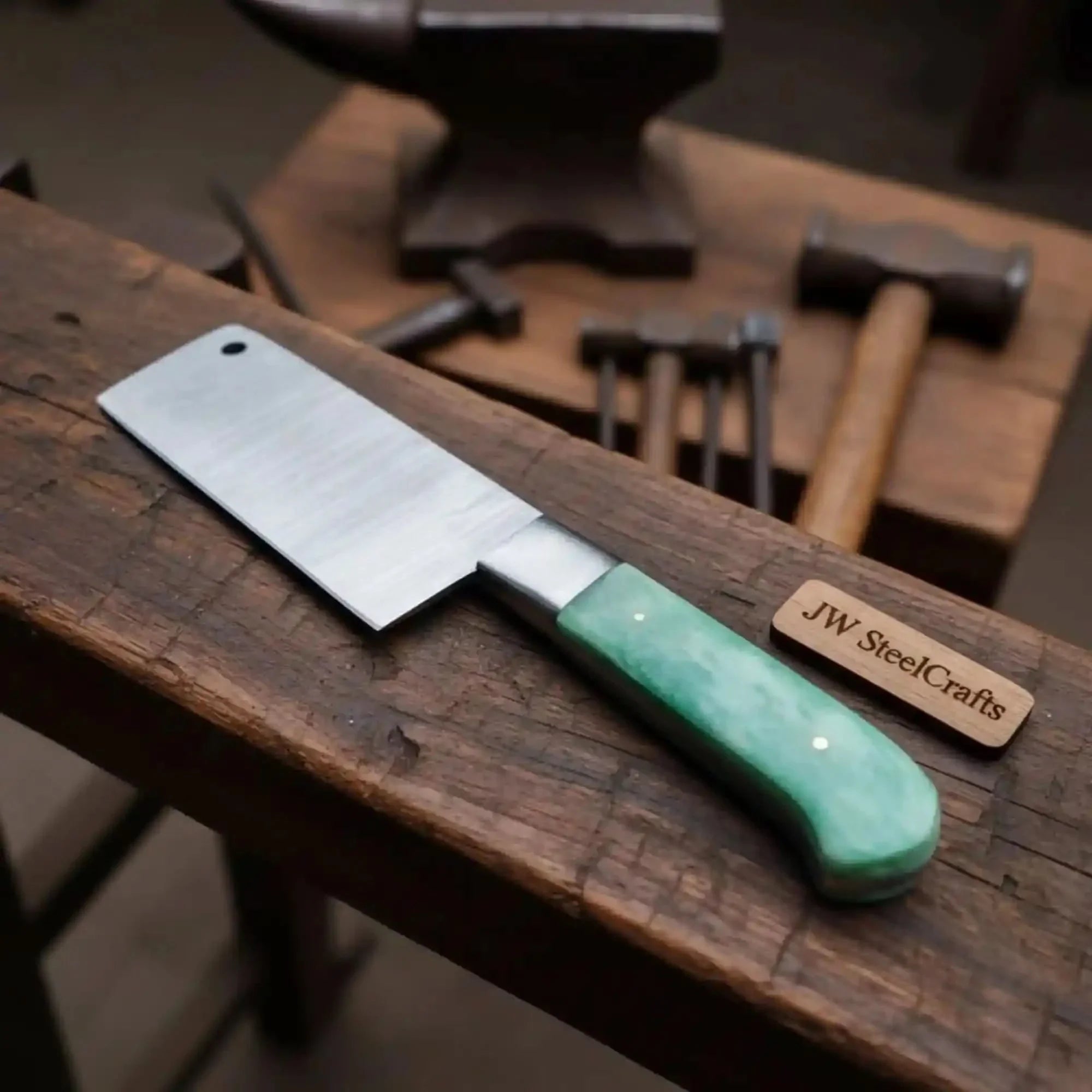 6-Inch Damascus Chinese Vegetable Cleaver with Green Bone Handle by JW SteelCrafts, Southern handmade gift main product photo