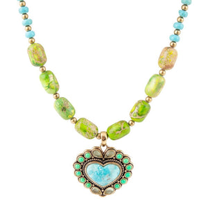 Legacy Heart Lime Green and Blue Turquoise Golden Pendant Necklace