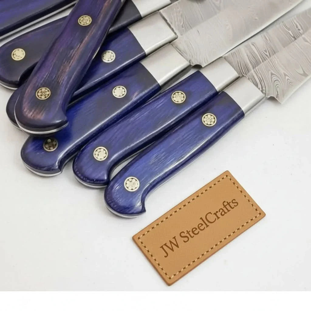 7-Piece Damascus Kitchen Knife Set — Chinese Cleaver, Bread, Chef, Santoku, Slicing, Utility & Paring by JW SteelCrafts, Damascus knife detail photo 2