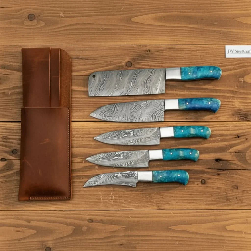 5-Piece Damascus Kitchen Prep Knife Set with Blue Resin Handles, Steel Bolsters & Leather Storage Kit by JW SteelCrafts, Damascus knife main product photo
