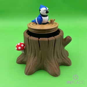 Blue jay tree stump container with removable lid