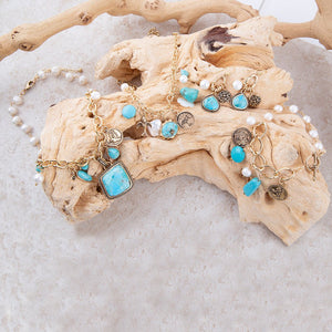Blue Turquoise and White Pearl Multi Pendant Golden Necklace