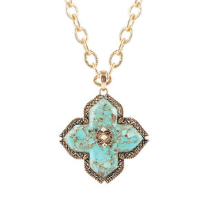 Blue Turquoise Maltese Cross Golden Pendant Necklace