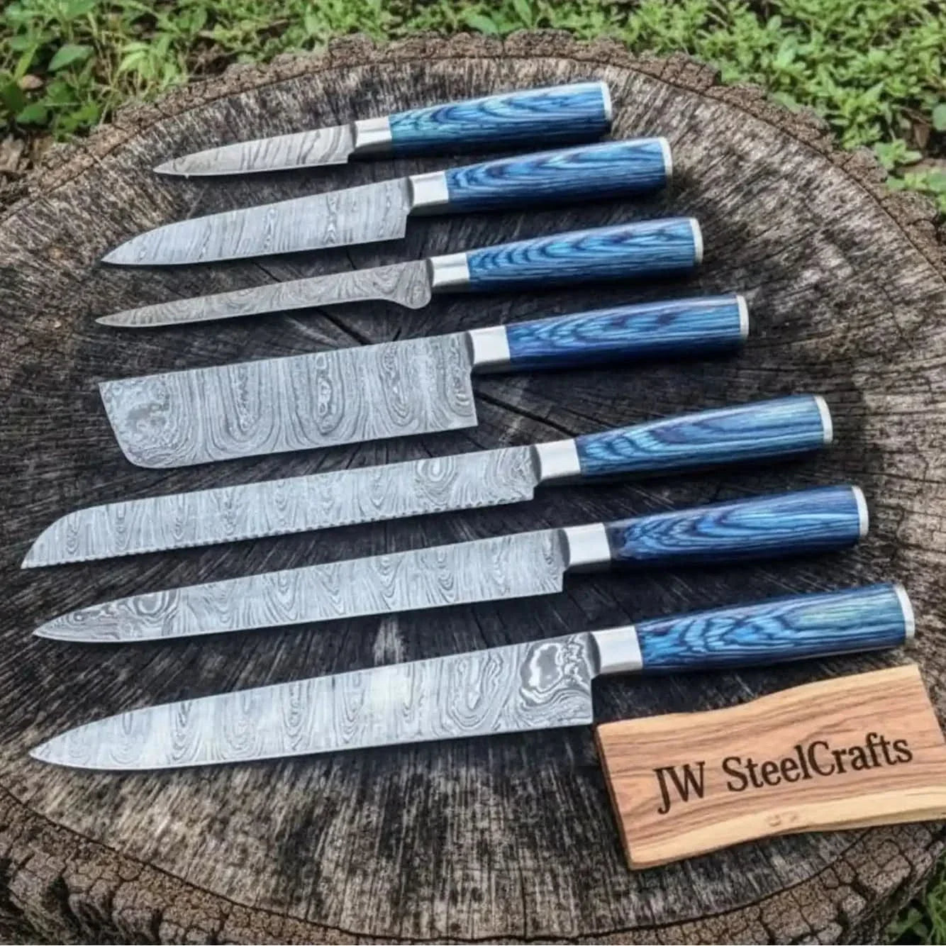 Professional Damascus Kitchen Knife Set 7 Piece Blue Stabilized Wood Handle Handmade Chef Knife Collection JW SteelCrafts by JW SteelCrafts, Damascus knife main product photo