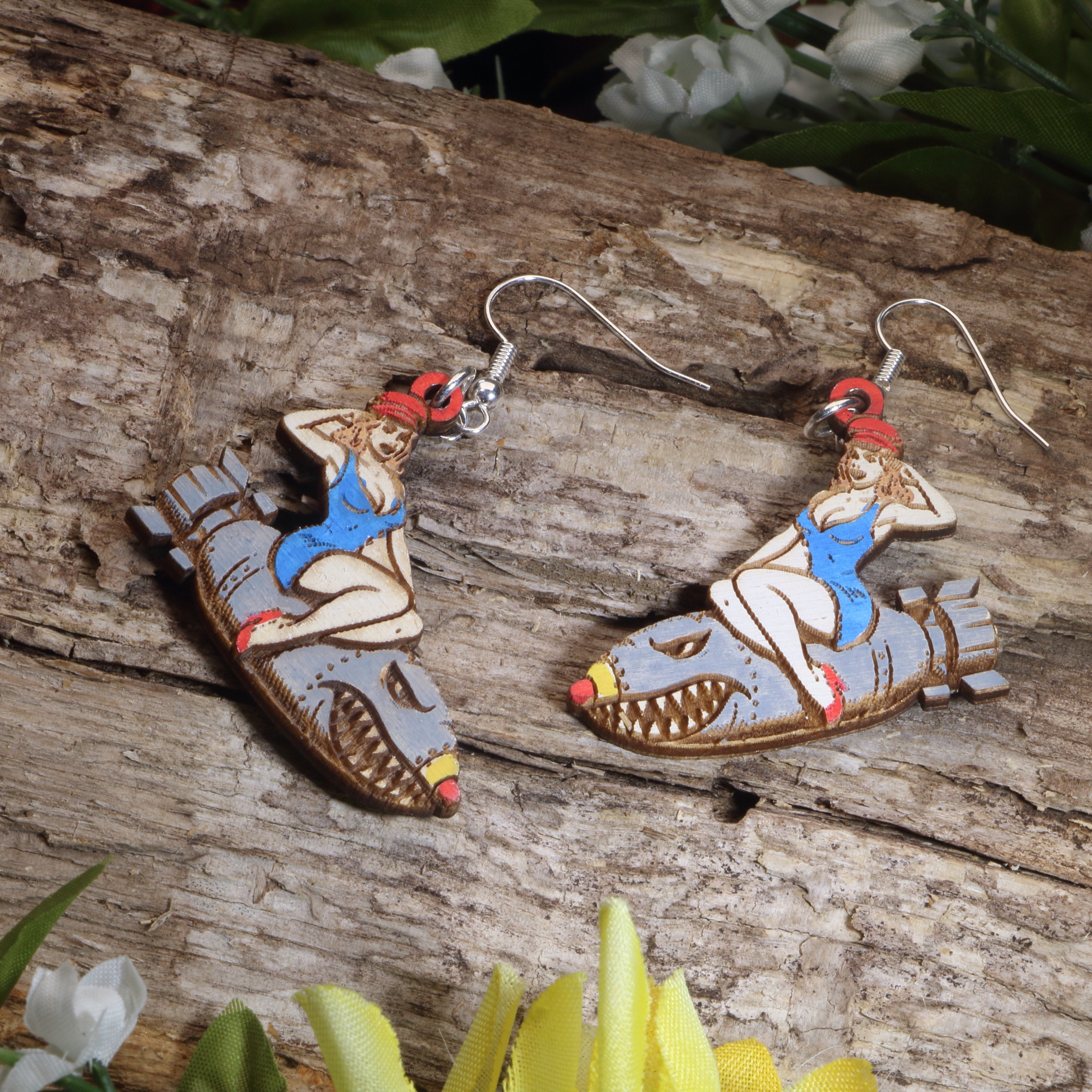 Pin-Up Bomber Girl Wooden Dangle Earrings | Retro Pin-Up Jewelry