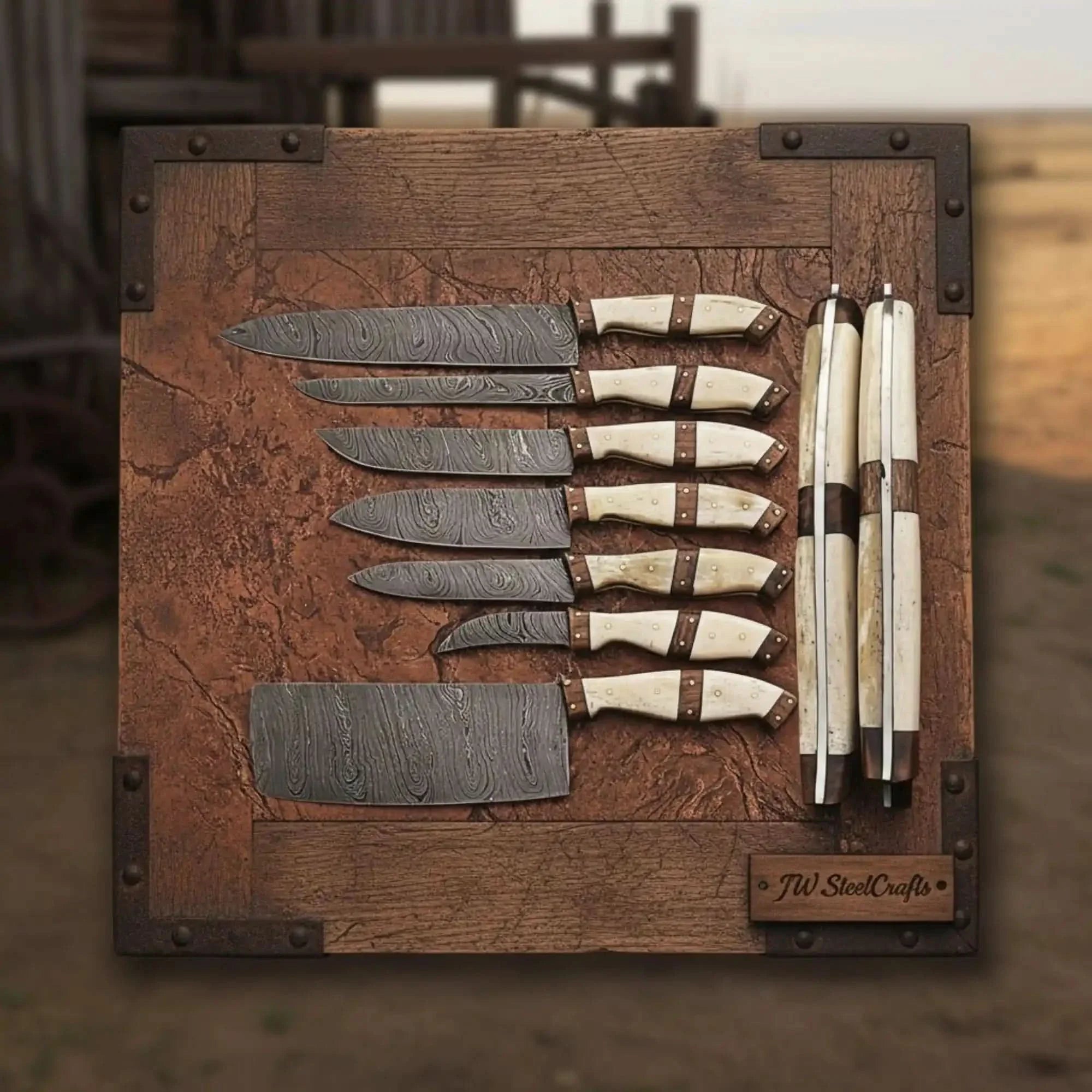 7-Piece Damascus Kitchen Knife Set — Bread, Cleaver, Chef, Santoku, Fillet, Boning & Utility by JW SteelCrafts, Damascus knife detail photo 2