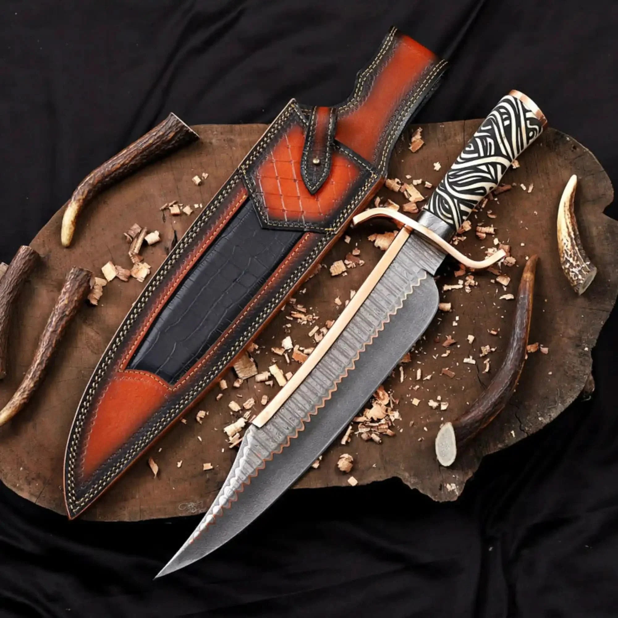Copper Damascus Alamo Bowie Knife Handmade 12-Inch Musso-Style Collector Blade by JW SteelCrafts, Damascus knife main product photo