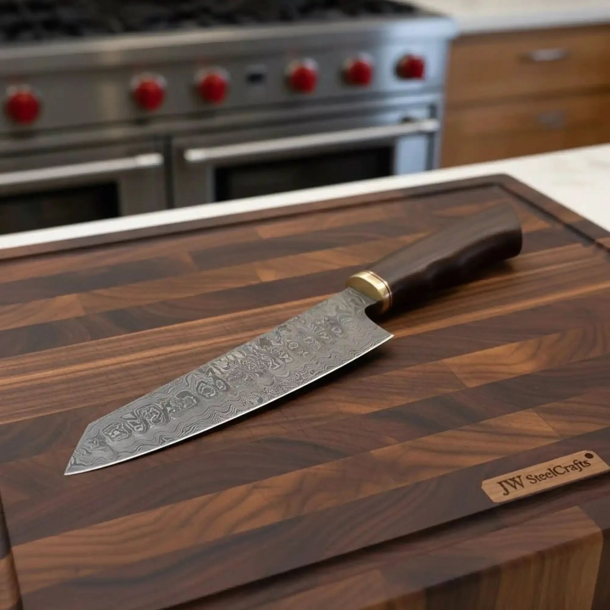 8” Ladder Pattern Damascus Gyuto Chef Knife with Rosewood Handle & Brass Bolster by JW SteelCrafts, Damascus knife main product photo