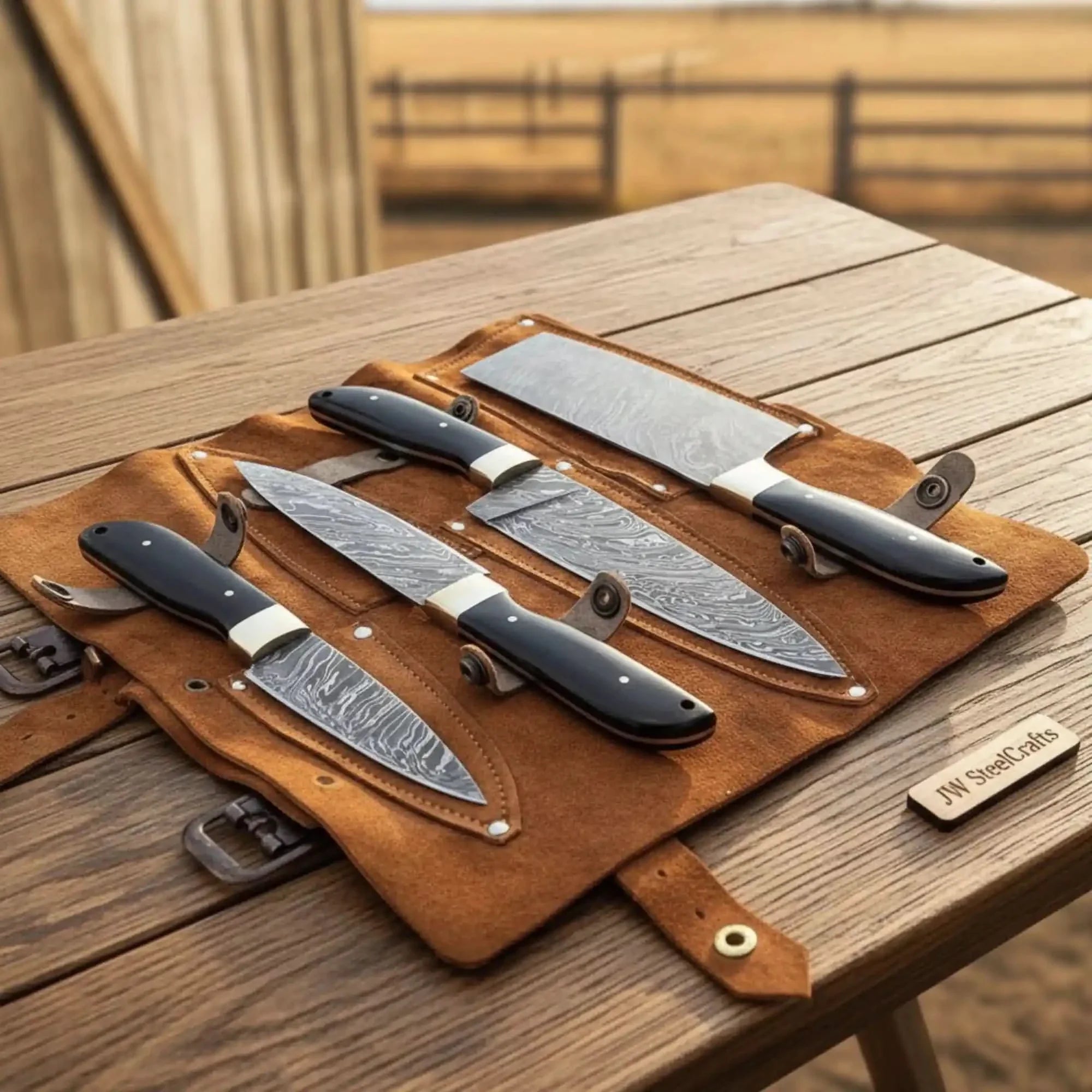 4-Piece Damascus Kitchen Knife Set — Bread, Chef, Utility & Paring with Black Resin Handles, Brass Bolsters & Leather Roll by JW SteelCrafts, Damascus knife main product photo